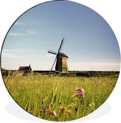 WallCircle - Wandcirkel - Muurcirkel - Een molen met bloemen - Aluminium - Dibond - 90x90 cm - Binnen en Buiten