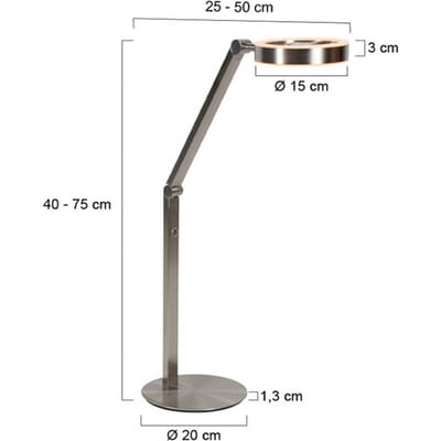 Tafellamp Ringlux 4139ST van Steinhauer - Elegante lamp van geborsteld staal, hoogte verstelbaar van 40 tot 75 cm, met dubbele LED-verlichting en touchdimmer.