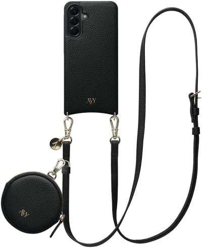 AVY Leren Hoesje geschikt voor Samsung Galaxy A56 | Met Koord en Mini Telefoontasje | Compatibel met MagSafe | Leather Case met 130CM Koord & Pouch | Long Leather | Zwart
