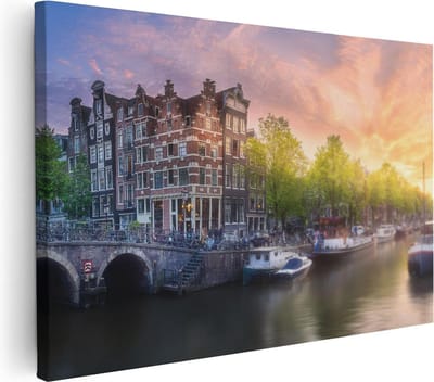 Artaza Canvas Schilderij Amsterdamse Grachten - 30x20 cm - Klein - Wanddecoratie Woonkamer - Muurdecoratie Boot - Kamer Accessoires Zonsondergang
