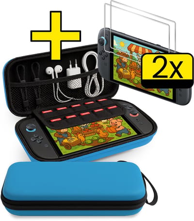 Hoes Geschikt voor Nintendo Switch 2 Case Hoesje Polsbandje Met 2x Screenprotector - Bescherm Hoes Geschikt voor Nintendo Switch 2 Hoes Hard Cover - Blauw