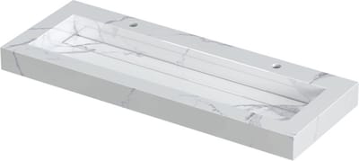INK Pitch wastafel in keramische slab centraal met drain en front en side skirts met ,2 kraangaten, 120x45x9cm, statuario glans