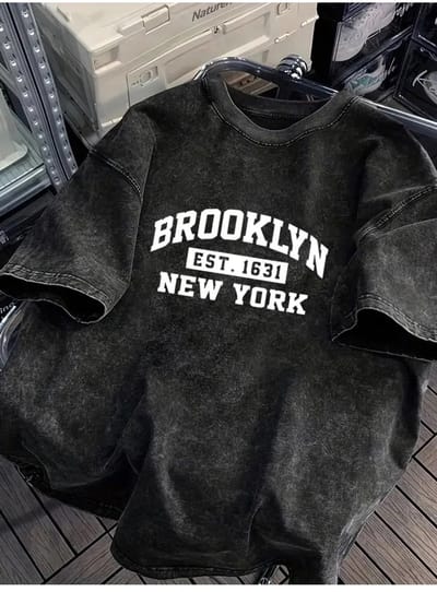 Stijlvolle Brooklyn New York Vintage Washed Acid wash zwart T-shirt met Korte Mouwen en Comfortabele Pasvorm - 2XL-3XL