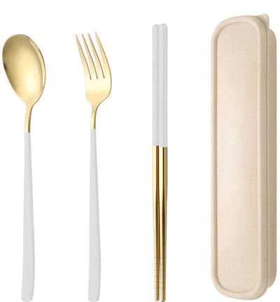 Roestvrijstalen bestekset met opbergdoos, draagbare lunchset voor onderweg, herbruikbare vork, lepel en eetstokjes, geschikt voor kantoor, school, reizen, kamperen, picknicks en dagelijks gebruik door volwassenen (wit + goud).