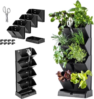 KADAX verticale tuin, plantentoren van robuust kunststof, zuilpot met voet in 2 kleurvarianten, kruidentuin voor balkon, terras, keuken en tuin (antraciet)