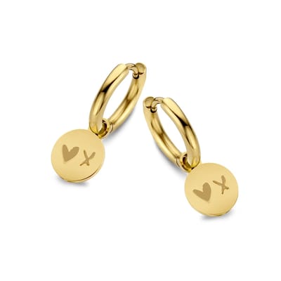 CO88 Collection Sense 8CE-70168 Stalen oorringen met hanger - rond - hart en kus - 12 mm - Goudkleurig