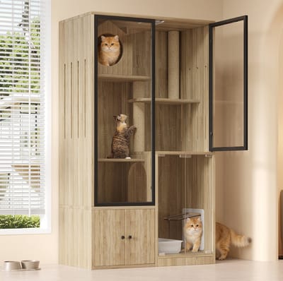 MIVRAY Kattenhuis - Meerlaags Met Krabpaal En Afsluitbare Kattenklep - Voor Binnen Met Glazen Deuren - MDF En Glas - 90x50x160 Cm - Naturel