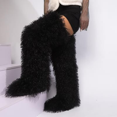 Dijenhoge Pluizige Laarzen Dames Vrouwen Winter Furry Faux Vossenbont Lange Warme Schoenen meisjes Nieuwe Designer Pluche Knielange Bontlaarzen 43 white