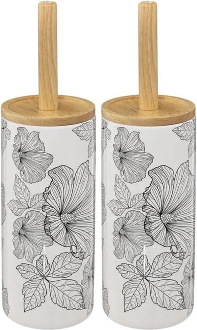 5Five 2x stuks WC-/toiletborstel met houder wit/zwart met hibiscus bloemen zandsteen/bamboe 38 cm