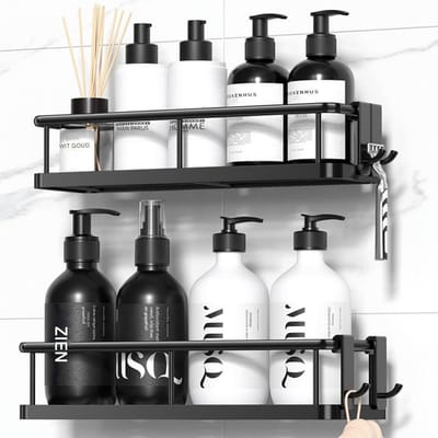 GELLDG Douche-organizer zonder boren - Roestbestendig ontwerp - Ruim badkamerrek - Met afneembare haken - Zwart