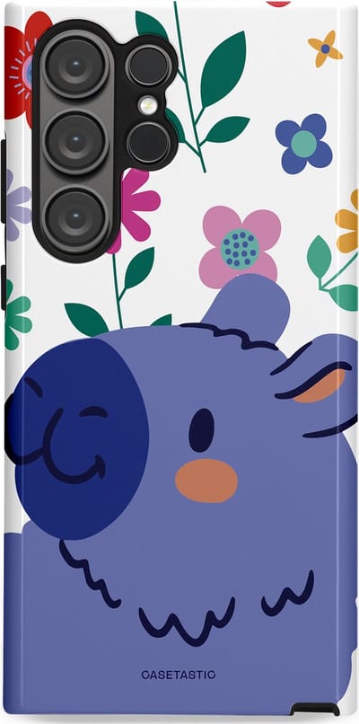 Casetastic Hoesje Geschikt voor Samsung S23 Ultra - Stijlvolle Beschermende Duo-layer Case - Capibara Bloempje Blauw