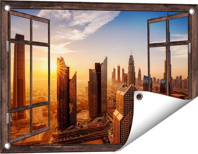 Gards Tuinposter Doorkijk Dubai Stad bij Zonsopgang - 60x40 cm - Tuindoek - Tuindecoratie - Wanddecoratie buiten - Tuinschilderij