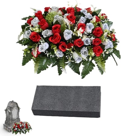 Grafbloemen Kunstrozen - Kunstbloemen Herdenking - Buiten Grafdecoratie - Stabiel Grafzadel Ontwerp - 50x35x20cm - Rood