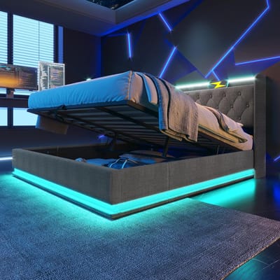 Gestoffeerd Bed 200x200 cm met Opbergruimte & Lattenbodem – Zwart Fluweel – Modern Tweepersoons Bed met Hoofdbord – Pauwhome