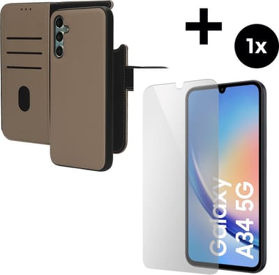 Mobiparts Leather 2 in 1 Wallet Case hoesje geschikt voor Samsung Galaxy A34 (2023) 5G met 1 Screenprotector van Gehard Glas - Beige