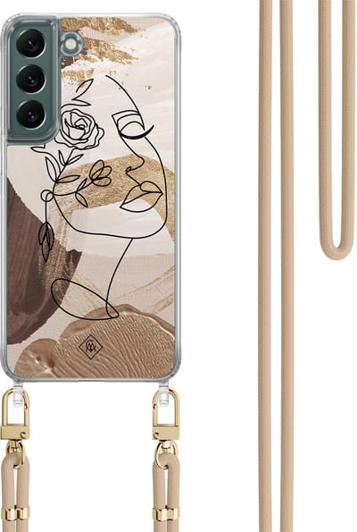 Casimoda® hoesje met beige koord - Geschikt voor Samsung S22 Plus - Abstract Gezicht Bruin - Afneembaar koord - TPU/polycarbonaat - Bruin/beige