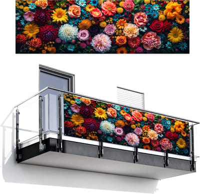 Balkonscherm 300x95 cm - Balkonposter Bloemen - Planten - Kleurrijk - Balkon scherm decoratie - Balkonschermen - Balkondoek zonnescherm
