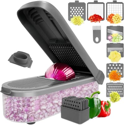 Groentechopper met container - Keuken snijder - Snel groenten snijden - Antislip basis - 293 cm - Grijs