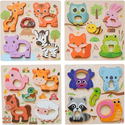 Houten Puzzelset 4 stuks voor Kinderen – Bextunio Educatieve 3D Inlegpuzzels 8x8 cm – Houten Speelgoed Cadeau – Dieren, het perfecte cadeau voor verjaardagen, babyshowers en kerst