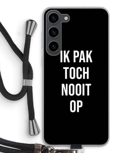 Case Company® - Hoesje met koord geschikt voor Samsung Galaxy S23 Plus hoesje met Koord - Ik pak nooit op - Zwart - Telefoonhoesje met Zwart Koord - Bescherming aan alle Kanten en Over de Schermrand