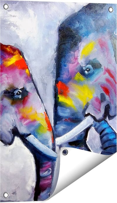 Gards Tuinposter Twee Getekende Olifanten - Abstract - 40x60 cm - Tuindoek - Tuindecoratie - Wanddecoratie buiten - Tuinschilderij