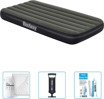 Bestway luchtbed - 1-Persoons - 99 x 188 x 28 cm - Blauw - Inclusief pomp - Hoeslaken - Pomp en Reparatieset