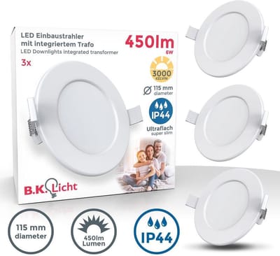 B.K.Licht - Inbouwspots badkamer - LED - witte inbouwspots - 3 stuks - spotjes inbouw - ronde - IP44 - Ø11.5cm - 3.000 Kelvin - 450 Lm - 6W