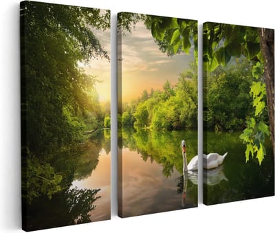 Artaza Canvas Schilderij Drieluik Zwaan op het Water in het Bos - 180x120 - Groot - Foto Op Canvas - Canvas Print