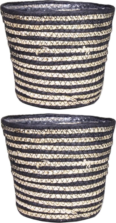Set van 2x stuks naturel zwart rotan planten/bloemen pot mand van gedraaid jute/riet/zeegras H13 en D16 cm - plastic binnenkant