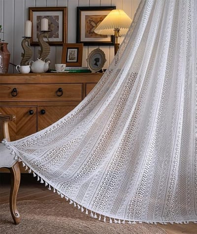 Boho extra lange gordijn katoenen linnen Leibele riemkikker stofdouche gordijn set met haak voor vintage landhuis badkamer decor, dik en rimpel-150X265cm,Wit