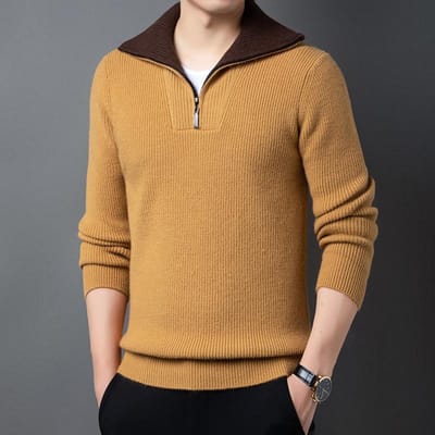 Pull en laine épais et chaud pour homme Automne et Hiver Col roulé réversible Demi-fermeture éclair Pull tricoté uni ample et décontracté pour homme Tendance 3XL beige
