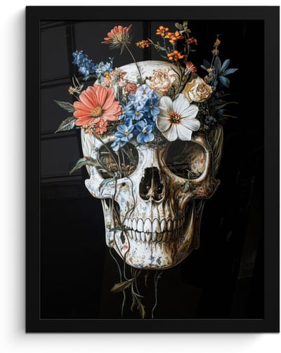 Poster in lijst - Fotolijst 30x40 cm - Posters - Bloemen - Schedel - Kleurrijk - Posterlijst zwart - Decoratie - Wanddecoratie woonkamer - Muurdecoratie slaapkamer