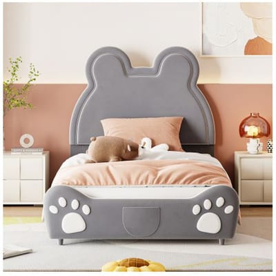Lit rembourré Beau lit d'enfant, 90 x 200 cm, forme d'ours. Lit simple en velours doux pour la peau, gris