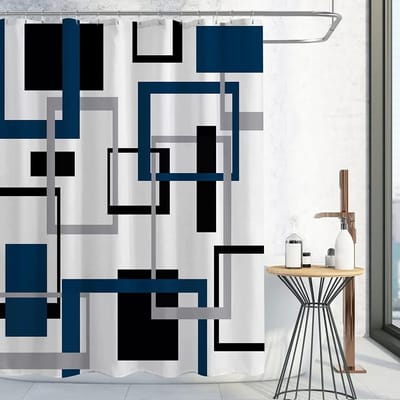 Zwart-Wit Douchegordijnen Zwart Grijs Geometrisch Abstract Mid-Century Modern Minimalistisch Stoffen Gordijn Voor Badkamerdecoratie W130H220(CM)-1 Pcs