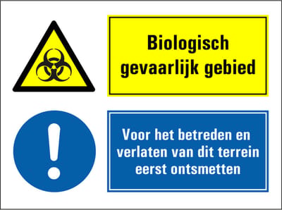 Biologisch risicogebied, eerst ontsmetten voor betreden of verlaten sticker 400 x 300 mm