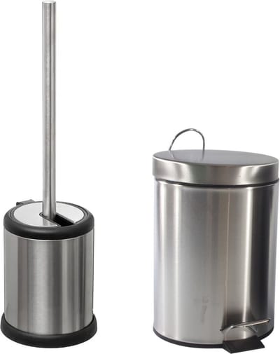 5Five - WC/Toiletborstel houder zilver rvs 39cm en pedaalemmer 3 liter