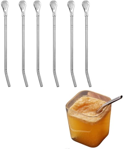 6 stuks - Yerba Mate thee rietjes - Thee rietjes - Roerrietjes en filterlepels - RVS drinkrietjes - Afneembaar - Herbruikbaar - Inclusief een rietjesreinigingsborstel - Zilver - 2 x 18,2 cm - Geschikt voor Yerba Mate, losse thee, verse koffie, sap e
