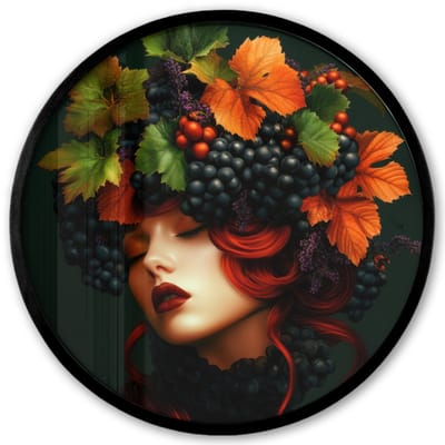 Poster in lijst Rond - Fotolijst 40x40 cm - Posters - Vrouw - Rood - Groen - Druiven - Ronde posterlijst zwart - Decoratie - Wanddecoratie woonkamer - Muurdecoratie slaapkamer