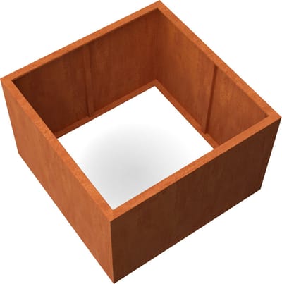 Plantenbak Artesa Cortenstaal 1200x1200x800mm (LxBxH) - Materiaaldikte 2mm. Voorzien van verstevigingskokers aan de binnenkant. Zonder bodem. Omplooi bovenrand 50mm.