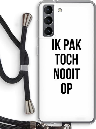 Case Company® - Hoesje met koord geschikt voor Samsung Galaxy S21 hoesje met Koord - Ik pak nooit op - Telefoonhoesje met Zwart Koord - Bescherming aan alle Kanten en Over de Schermrand