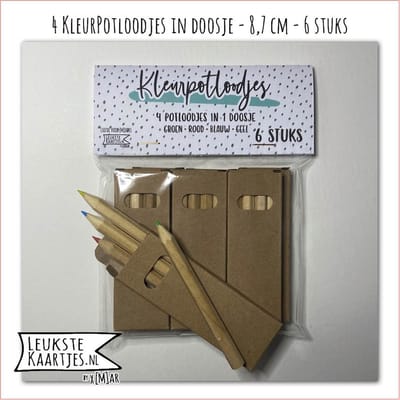 Uitdelers -> 6 doosjes met 4 Mini KleurPotloodjes 8,7 cm - No:02 (Wikkel Dots - Kraft bruin kartonnen doosje, 4 kleuren Rood, Groen, Blauw, Geel) - LeuksteKaartjes.nl by xMar