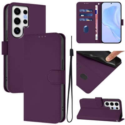 Telefoonhoesje van effen leer met een natuurlijke textuur en draagkoord voor Samsung Galaxy S24 Ultra 5G (paars).