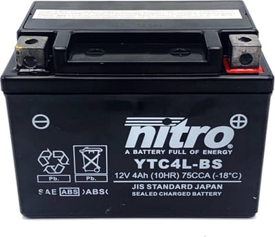 NITRO gel accu - 12V 4Ah - passend op vele 2 takt scooters (onderhoudsvrij) Afmetingen (LxBxH):110x70x85mm