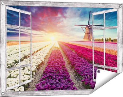 Gards Tuinposter Doorkijk Kleurrijke Tulpen Bloemenveld - Windmolen - 90x60 cm - Tuindoek - Tuindecoratie - Wanddecoratie buiten - Tuinschilderij