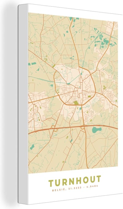 Canvas Schilderij Vintage - Plattegrond - Stadskaart - Turnhout - Kaart - 20x30 cm - Wanddecoratie