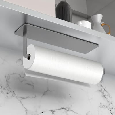 Famanu - Keukenrolhouder zonder boren, keukenpapierhouder, zelfklevend, keukenrolhouder, wand, roestvrij staal, voor onder kast, hangmontage voor keuken en badkamer, 26 cm, grijs