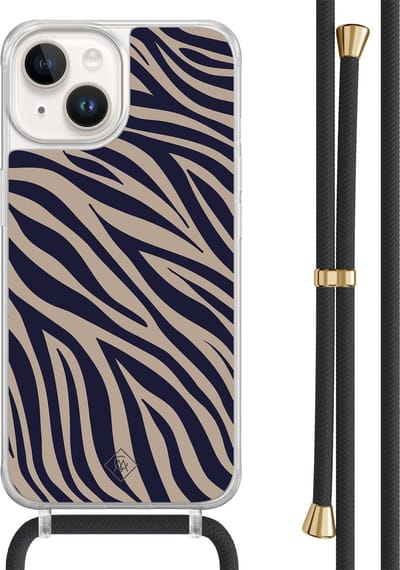 Casimoda® hoesje met zwart koord - Geschikt voor iPhone 14 - Chevron Navy - Afneembaar koord - TPU/acryl - Blauw