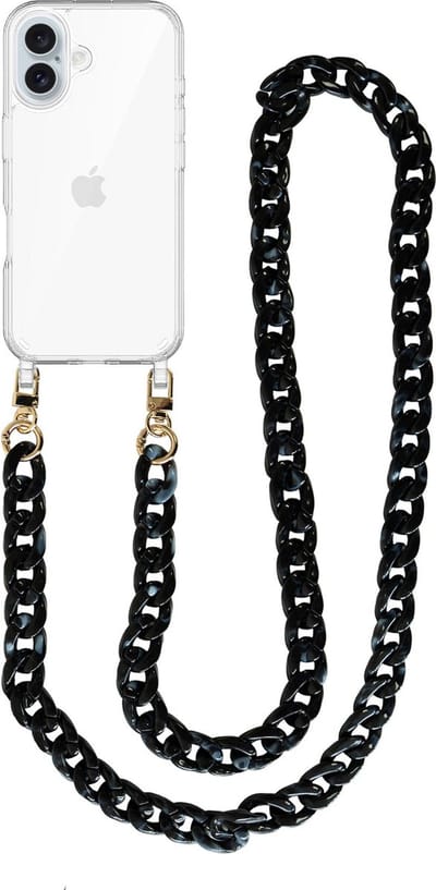 xoxo Wildhearts siliconen hoesje - Geschikt voor iPhone 16 - Marble Black - Lang Koord - Telefoonhoesje - Hoesje met koord - telefoonkoord - Transparant hoesje - Lang zwart marmerprint koord