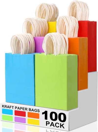 100 Kraft Papieren Zakjes met Hendels - Cadeautas voor Feestjes, Geschenken en Knutselen - Diverse Kleuren