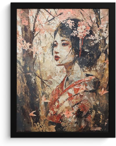Poster in lijst - Fotolijst 30x40 cm - Posters - Kimono - Vrouw - kersenbomen - Posterlijst zwart - Decoratie - Wanddecoratie woonkamer - Muurdecoratie slaapkamer